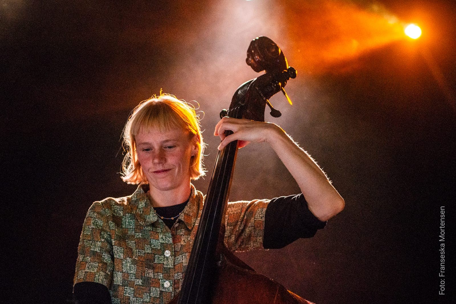 The double bass player from Det Lyse Bal smiling down at the instrument in warm backlight